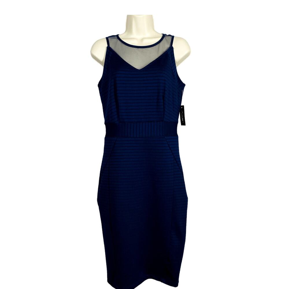 NEW! Candalite Sleeveless Sheath Dress Mesh Top Ribbed Navy Sleeveless - S